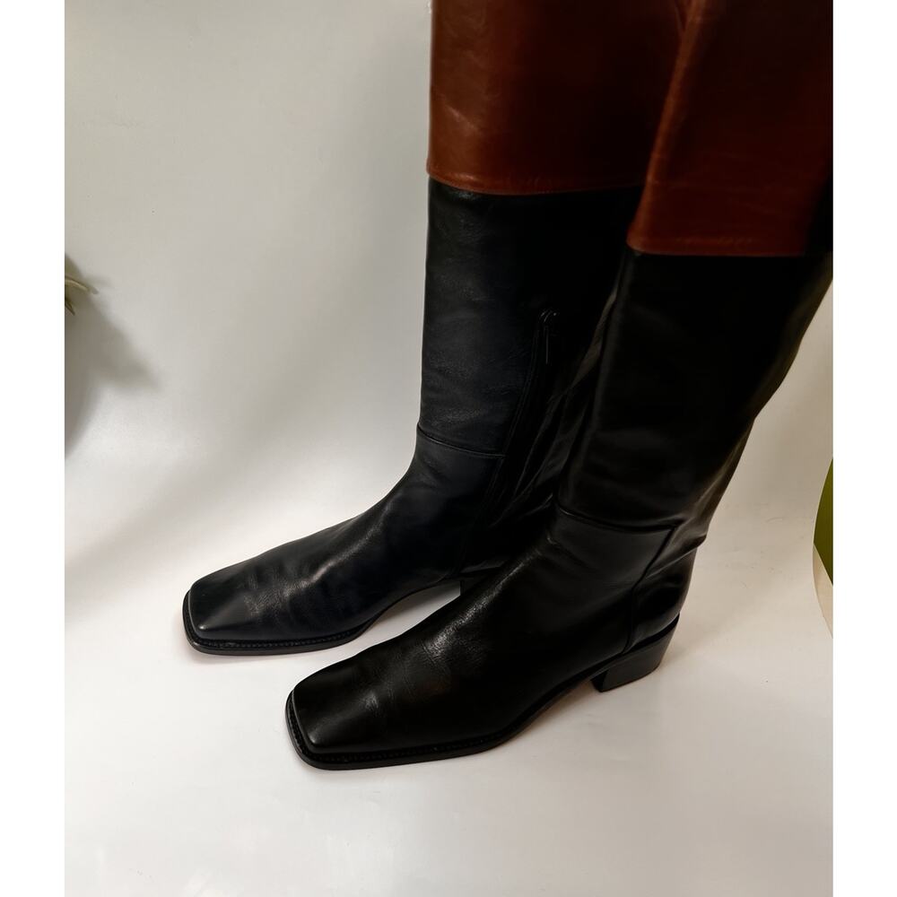 Stuart Weitzman Two-tone Leather Boots 7 B Knee High Square Toe Black & Brown - Picture 2 of 9